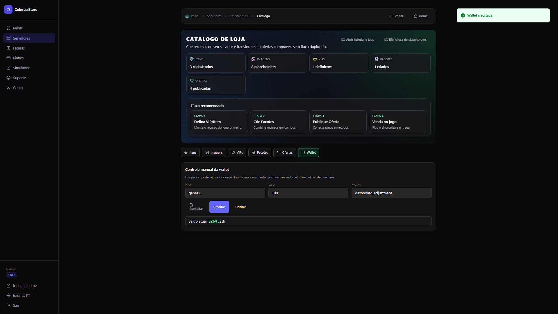 Tela de gestão da wallet nativa